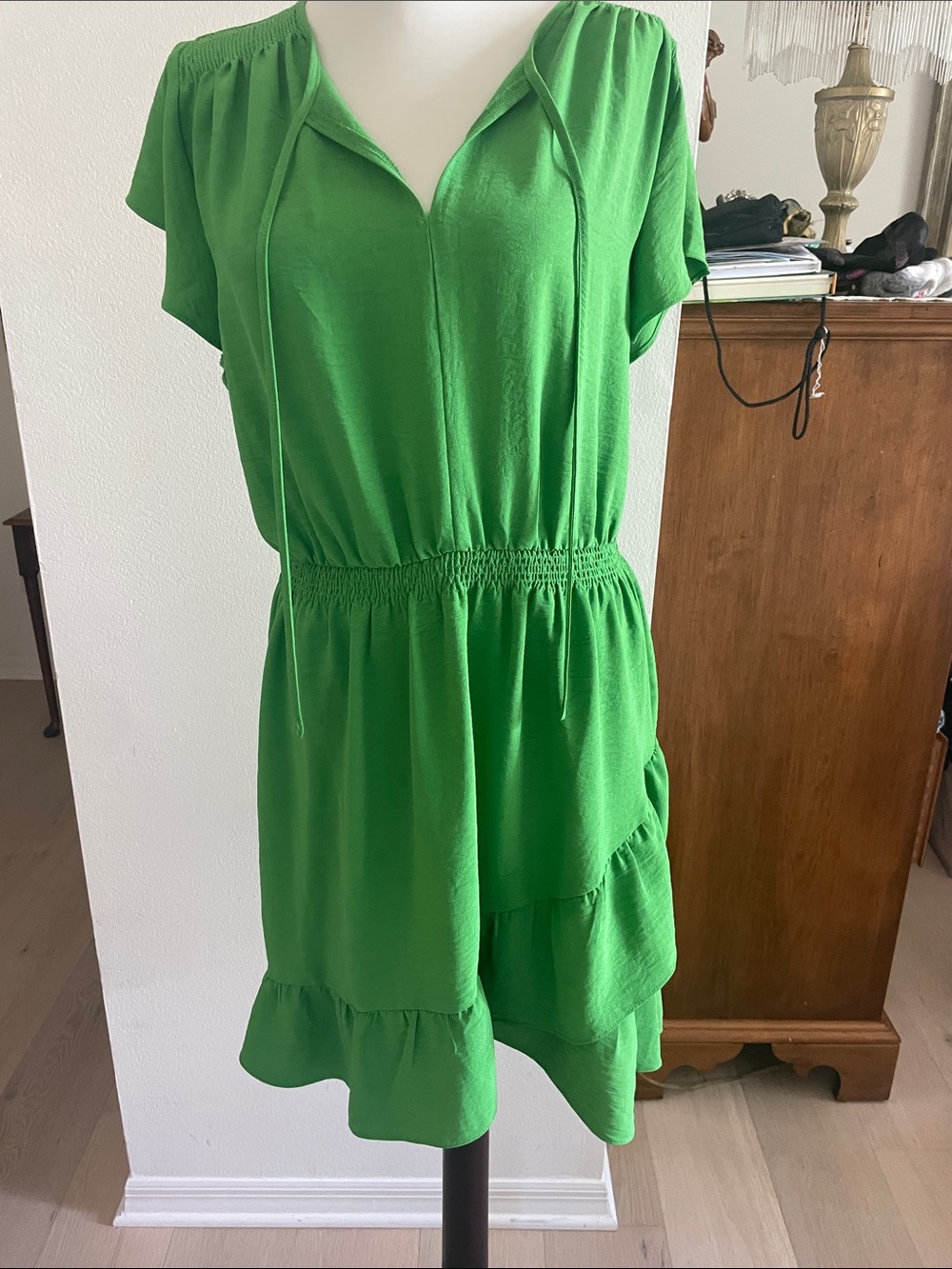 London Times Green Ruffled Waist Tie Dress